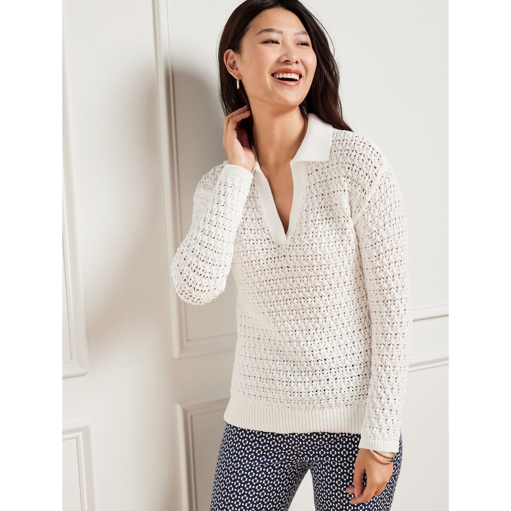 Talbots Petite M Open Stitch Johnny Collar Pullover White Crochet Sweater NWT